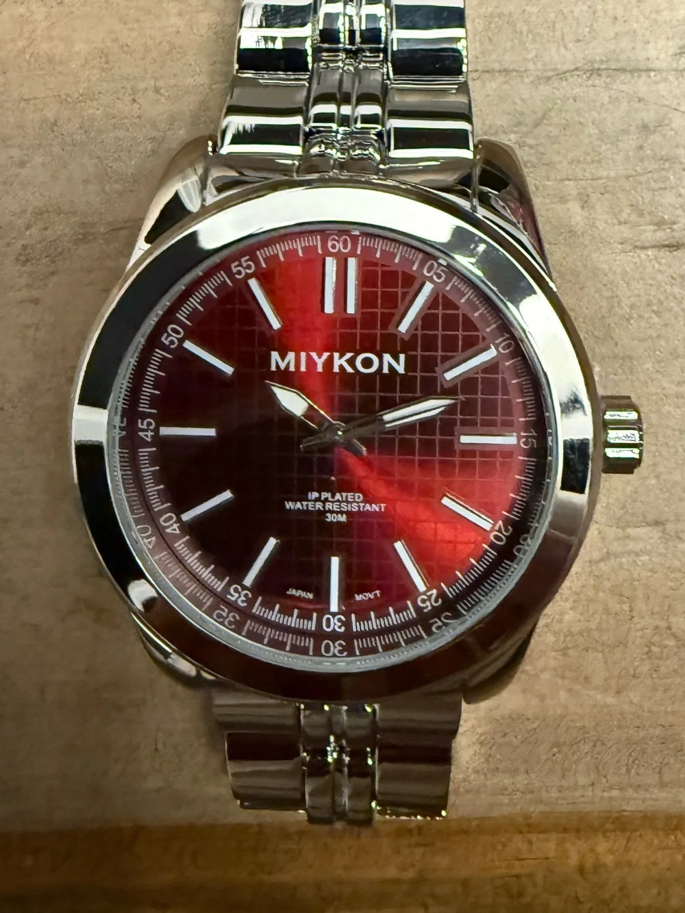 Miykon Men's Silver Stainless Steel Quartz Watch - Water-Resistant, Red Dial